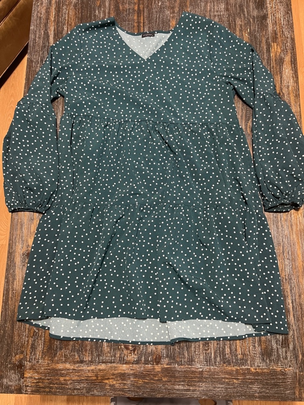 Polka Dot V-Neck Long Sleeve Tiered Dress in Forest Green